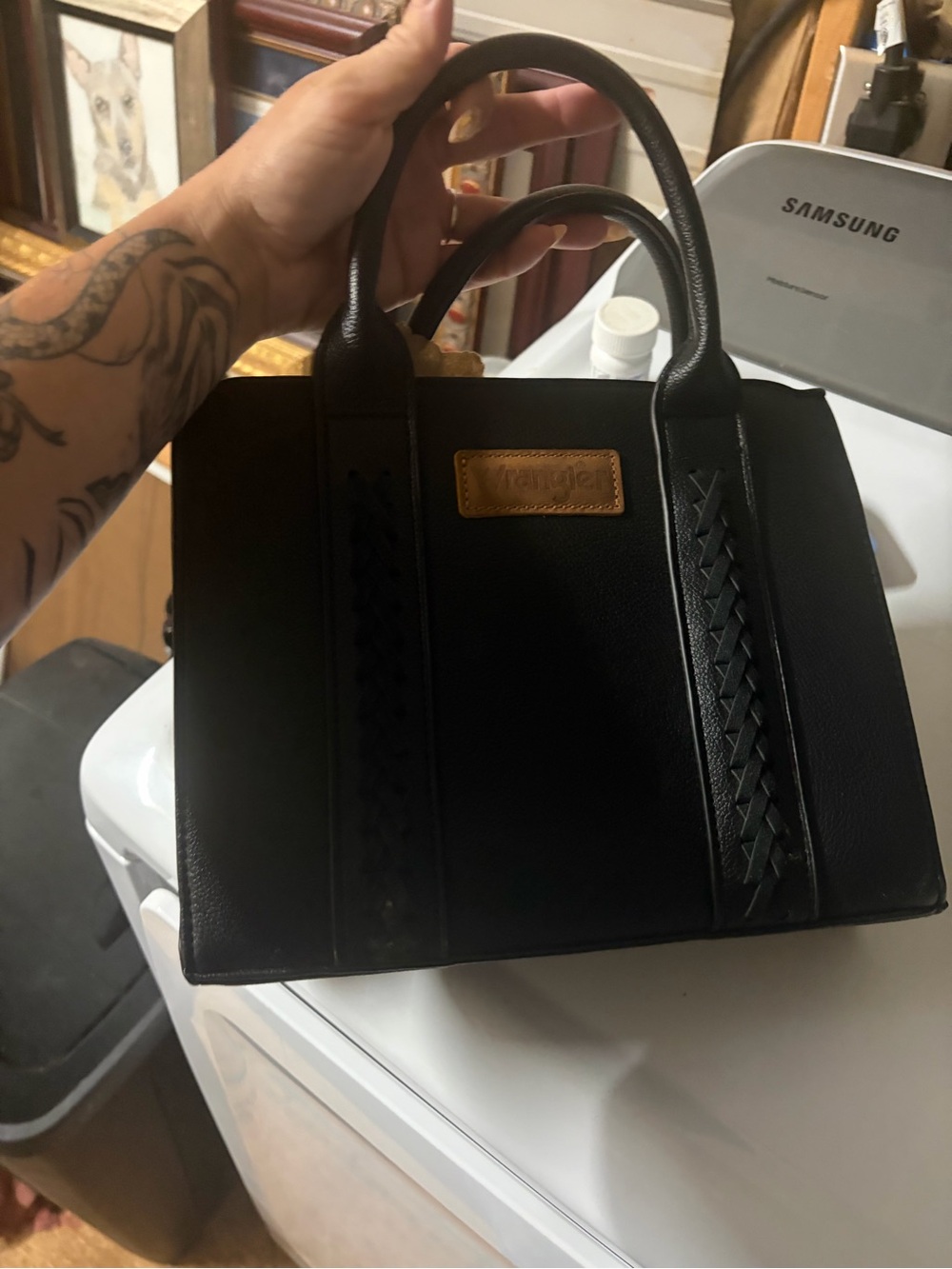 Wrangler Black Crossbody Tote with Tan Logo Patch